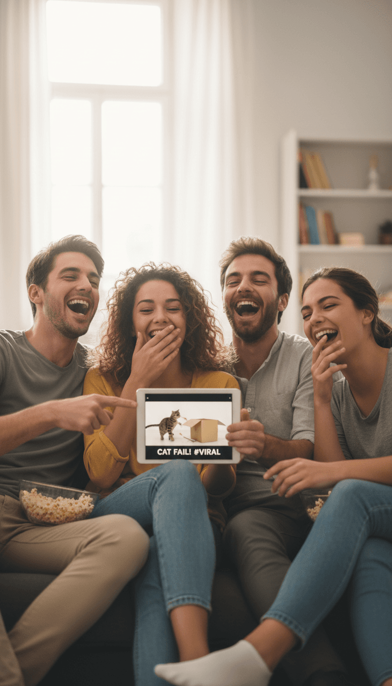 Friends laughing at viral clip
