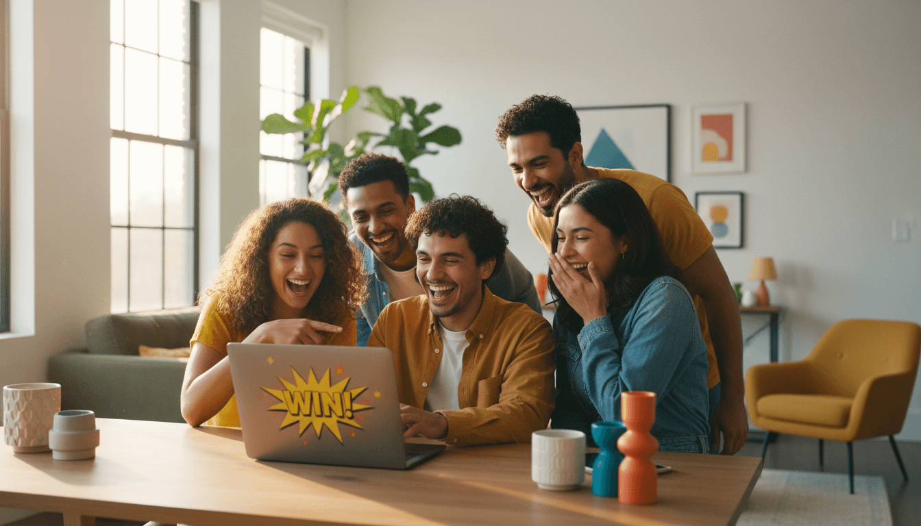 Person smiling and laughing while browsing viral content on a laptop